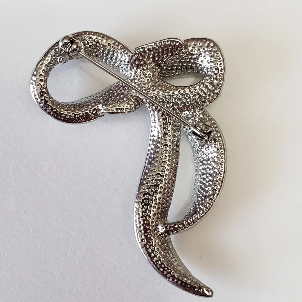 Vintage Silver Tone Rhinestone Bow Brooch, Silvertone Ribbon Pin - Picture 7 of 8